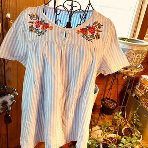 Kim Rogers Blue Striped Floral Embroidered Blouse